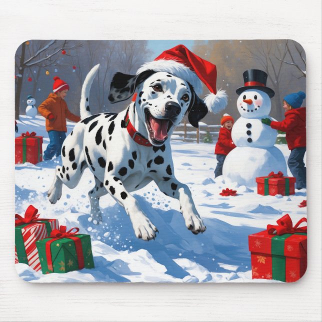 Dalmatian Running in Snow with Christmas Hat Mouse Mat (Front)