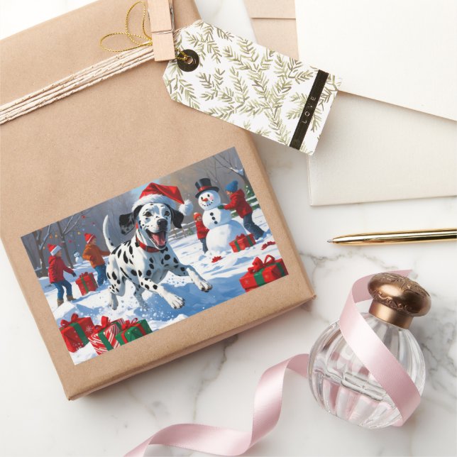 Dalmatian Running in Snow with Christmas Hat Rectangular Sticker (Gifting)