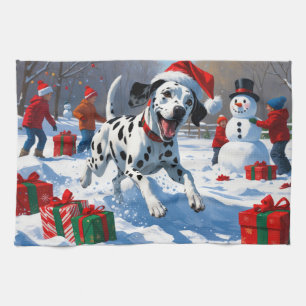 Dalmatian Running in Snow with Christmas Hat Tea Towel