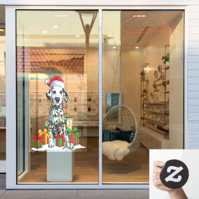 Dalmatian Santa Hat Wrapped In Christmas Lights Window Cling (Store Window)
