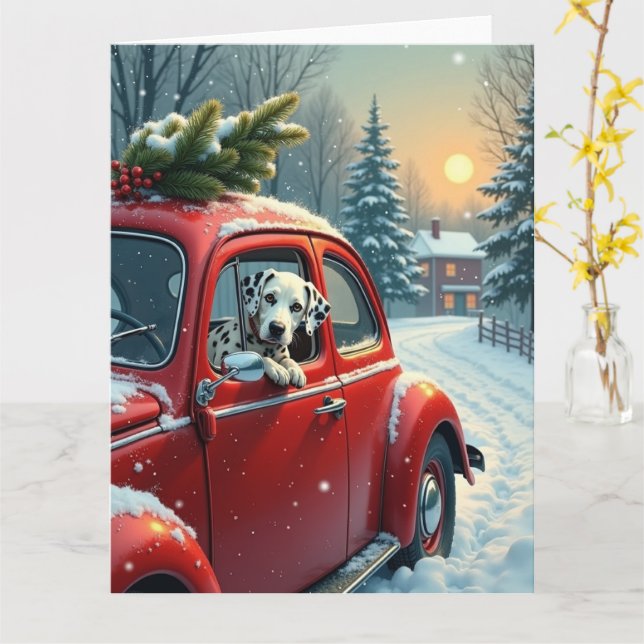 Dalmatian Snowy Car Ride Christmas Painting Card (Yellow Flower)
