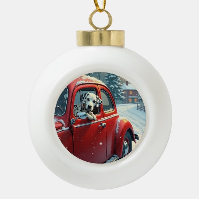 Dalmatian Snowy Car Ride Christmas Painting Ceramic Ball Christmas Ornament (Front)