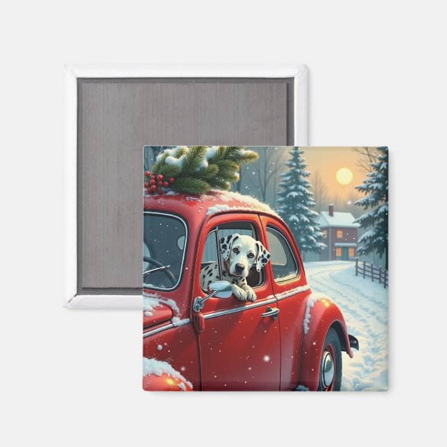 Dalmatian Snowy Car Ride Christmas Painting Magnet (Front/Back)