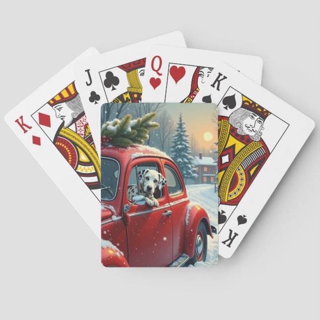 Dalmatian Snowy Car Ride Christmas Painting Playing Cards (Back)