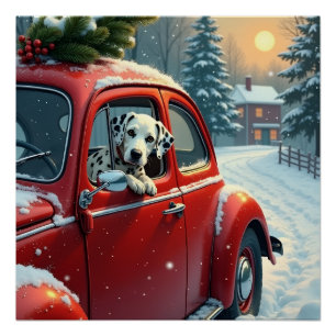 Dalmatian Snowy Car Ride Christmas Painting Poster