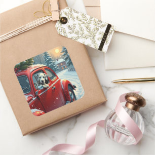 Dalmatian Snowy Car Ride Christmas Painting Square Sticker