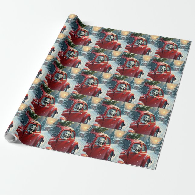 Dalmatian Snowy Car Ride Christmas Painting Wrapping Paper (Unrolled)