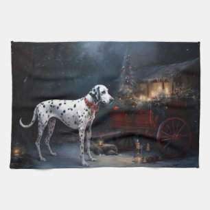 Dalmatian Snowy Sleigh Christmas Decor  Tea Towel