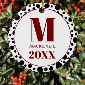 Dalmatian Spot Monogram Name Year Red and White Ceramic Tree Decoration