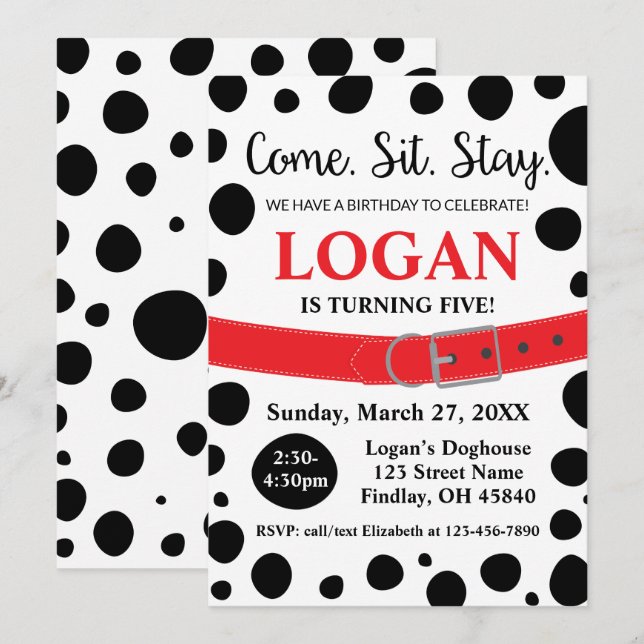 Dalmatian Spots Come Sit Stay Dog Birthday Invitation (Front/Back)