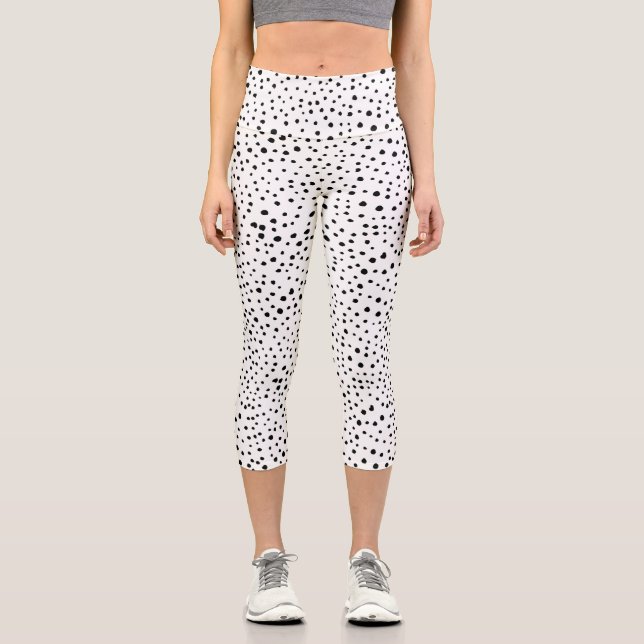 Dalmatian Spots, Dalmatian Dots, Black and White Capri Leggings (Front)
