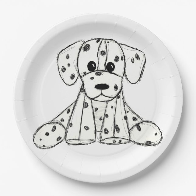 Dalmatian stuffed dog drawing outline simple black paper plate (Front)