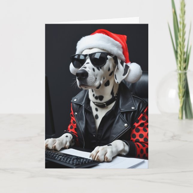 Dalmatian Typing Christmas Card Santa Hat Custom (Front)