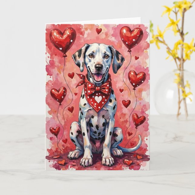 Dalmatian Valentine’s Day Dog with Hearts Red Card (Yellow Flower)