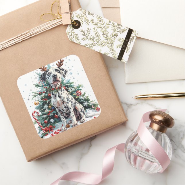 Dalmatian with Reindeer Antlers by Christmas Tree Square Sticker (Gifting)