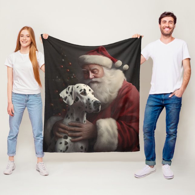 Dalmatian With Santa Claus Festive Christmas Fleece Blanket (In Situ)