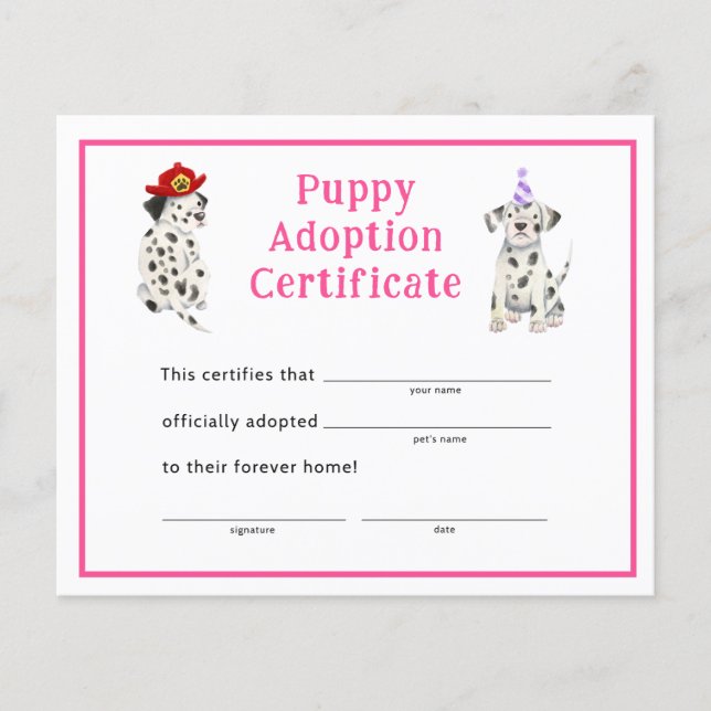 Dalmatians Girl Party Puppy Adoption Certificate (Front)