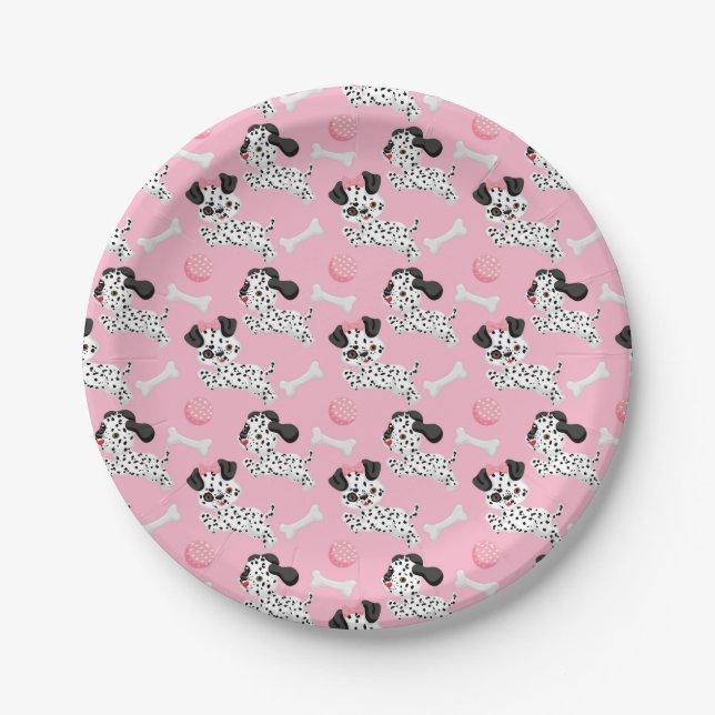 Dalmatians Puppies Black Spots Pink Toy Ball White Paper Plate (Front)