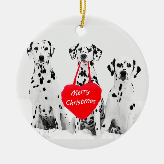 Dalmatians Wishing Merry Christmas Heart Ornament (Front)