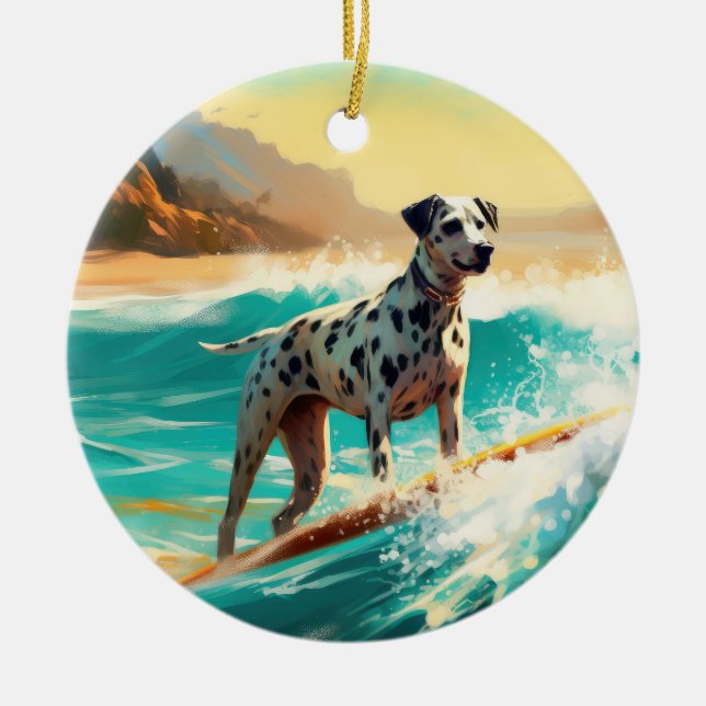 Dalmation Beach Surfing Painting  Ceramic Tree Decoration (Front)