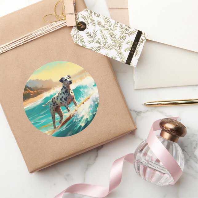 Dalmation Beach Surfing Painting  Classic Round Sticker (Gifting)