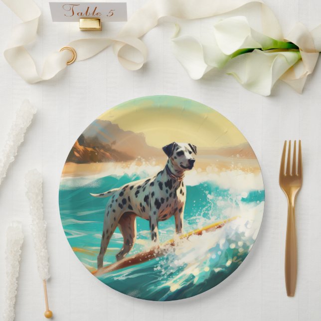 Dalmation Beach Surfing Painting  Paper Plate (Wedding)