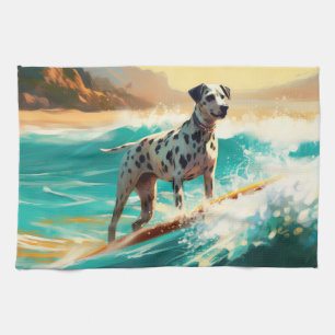 Dalmation Beach Surfing Painting Tea Towel