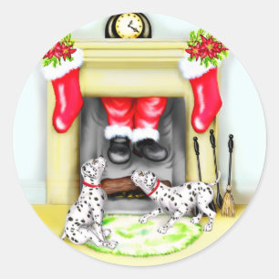 Dalmation Christmas Santa Drops In Classic Round Sticker
