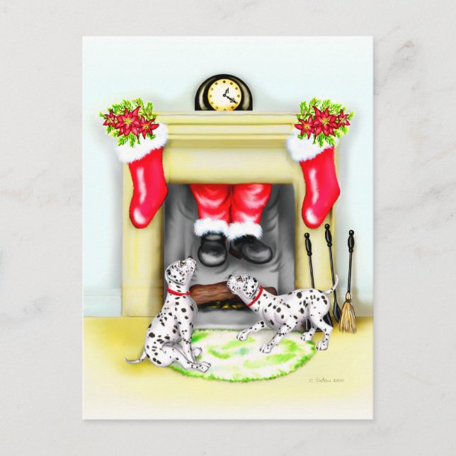 Dalmation Christmas Santa Drops In Holiday Postcard (Front)