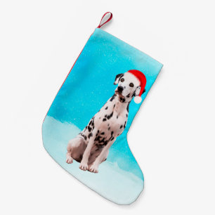 Dalmation Dog in Snow Christmas Hat Small Christmas Stocking