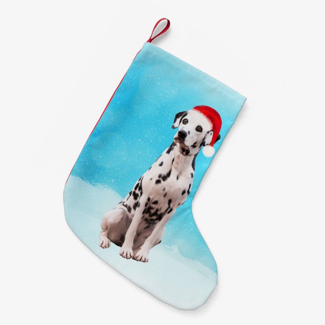 Dalmation Dog in Snow Christmas Hat Small Christmas Stocking (Front (Hanging))