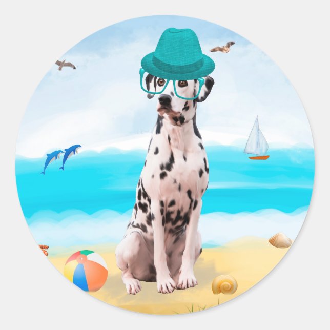 Dalmation Dog on Beach Classic Round Sticker (Front)
