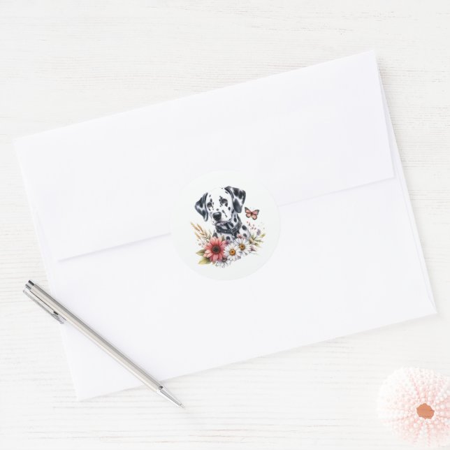 Dalmation Floral Classic Round Sticker (Envelope)