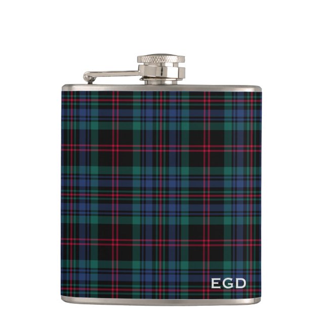 Daly Tartan Monogram Royal Blue Plaid Hip Flask (Front)