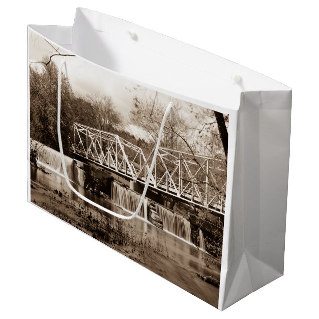 Dam At Finley River Sepia Large Gift Bag (Front Angled)