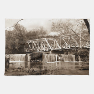 Dam At Finley River Sepia Tea Towel
