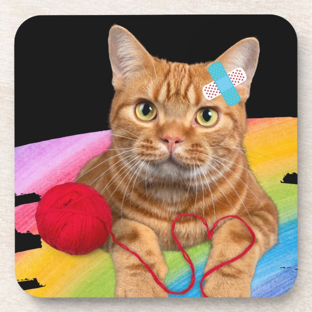 Damaged Cat on rainbow background Coaster (Front)