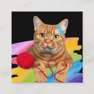 Damaged Cat on rainbow background Square Business Card