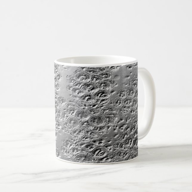 Damaged silver metal coffee mug (Front Right)