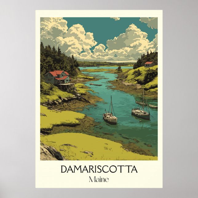 Damariscotta ME Vintage River Boats Coastal Art Poster (Front)