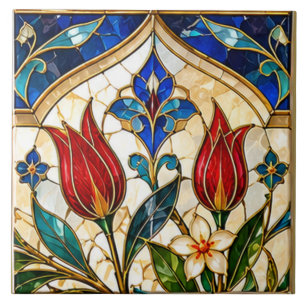 Damascus & Ottoman Red Tulip Stained Glass Tile