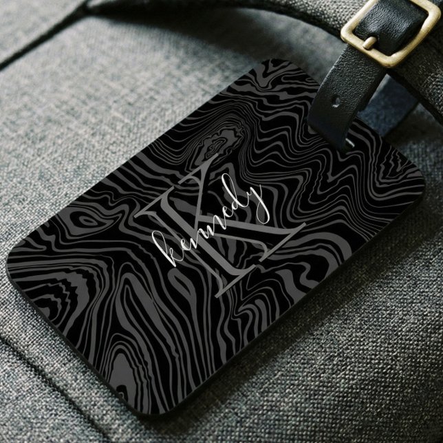 Damascus Steel Pattern Custom Monogram & Name Luggage Tag (Custom Monogram Name Black Damascus Steel Pattern Luggage Tag)
