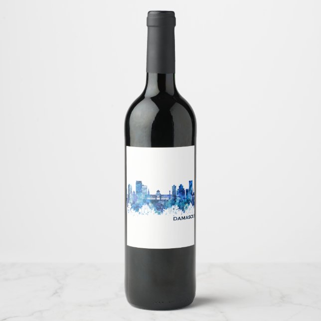 Damascus Syria Skyline Blue Wine Label (Front)