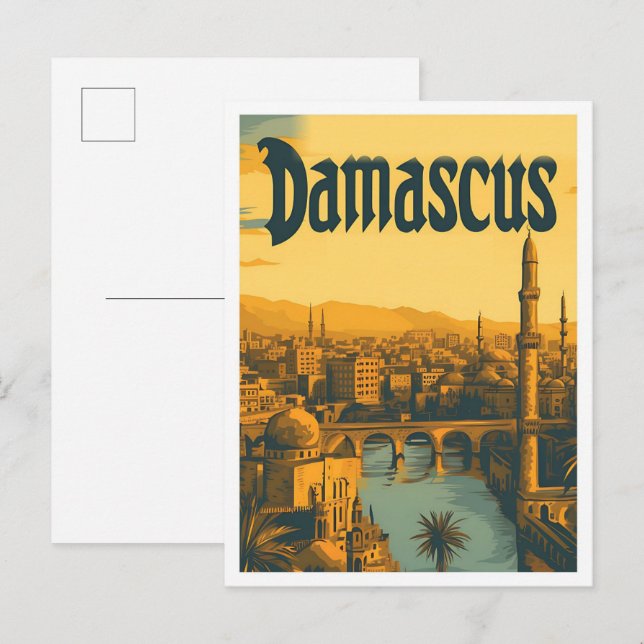 Damascus Syria Vintage Art Travel Illustration Postcard (Front/Back)