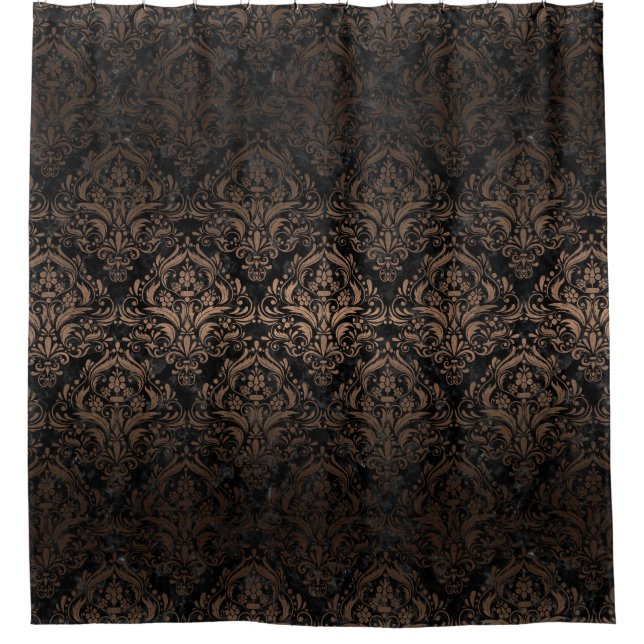 DAMASK1 BLACK MARBLE & BRONZE METAL SHOWER CURTAIN (Front)