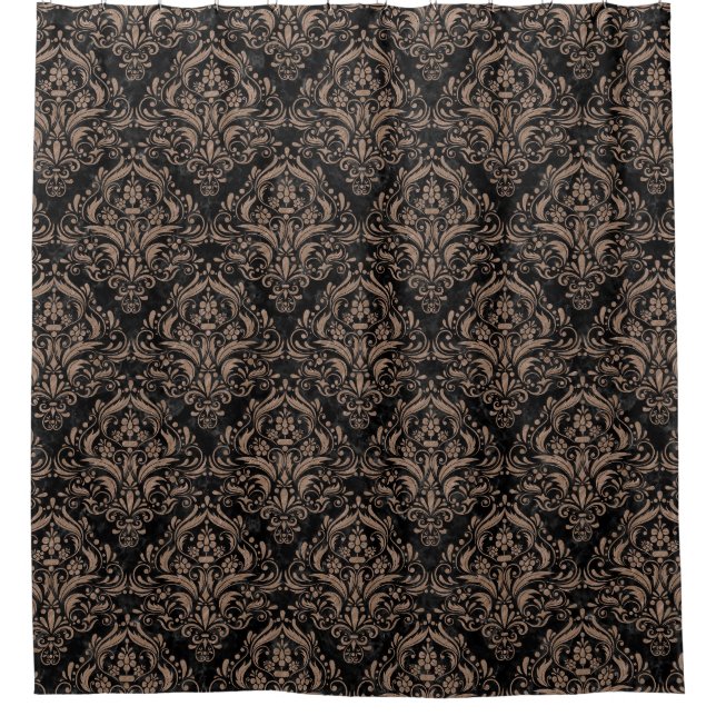 DAMASK1 BLACK MARBLE & BROWN COLORED PENCIL SHOWER CURTAIN (Front)