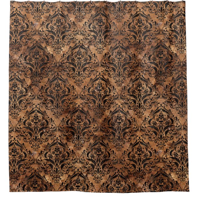 DAMASK1 BLACK MARBLE & BROWN STONE (R) SHOWER CURTAIN (Front)