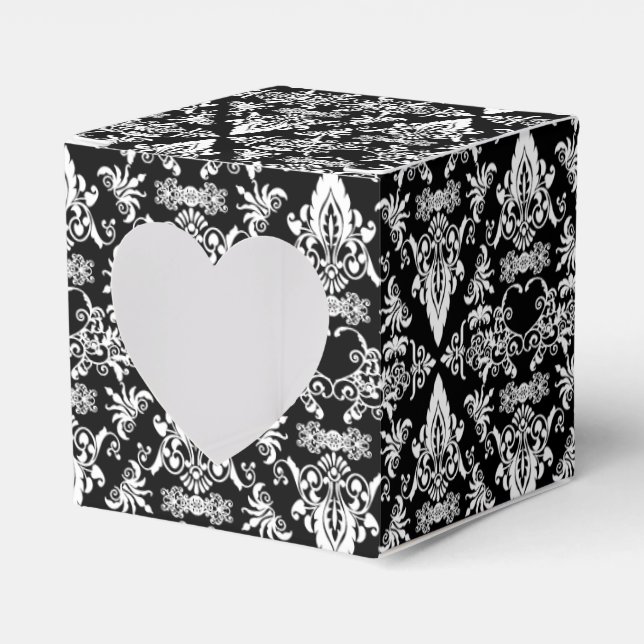 Damask 02 Black-White-Square Heart Favour boxes (Front Side)