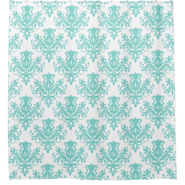 Damask 02 Pattern - Aqua Blue on White Shower Curtain (Front)