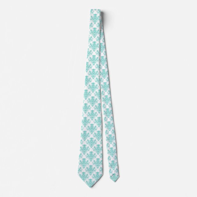 Damask 02 Pattern - Aqua Blue on White Tie (Front)